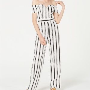 Teeze Me Juniors Off-The-Shoulder Striped Jumpsuit